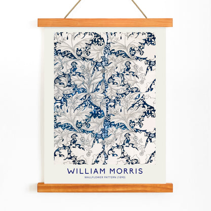 Wallflower Pattern by William Morris featuring intricate blue and white floral botanical design with decorative leaves artwork poster, with wooden magnetic frame on white background