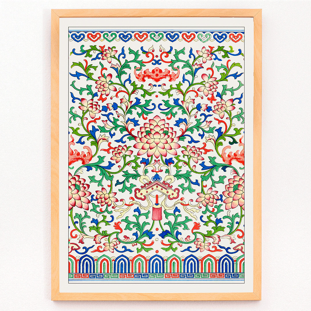 Chinese botanical illustration and botanical poster by Owen Jones from Examples of Chinese Ornament featuring intricate floral patterns and vibrant colors, framed and displayed in modern living room decor