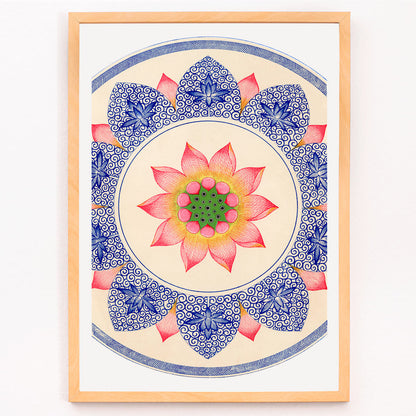 Pink floral pattern with intricate blue and red designs from Examples of Chinese Ornament by Owen Jones poster, framed and displayed in modern living room decor