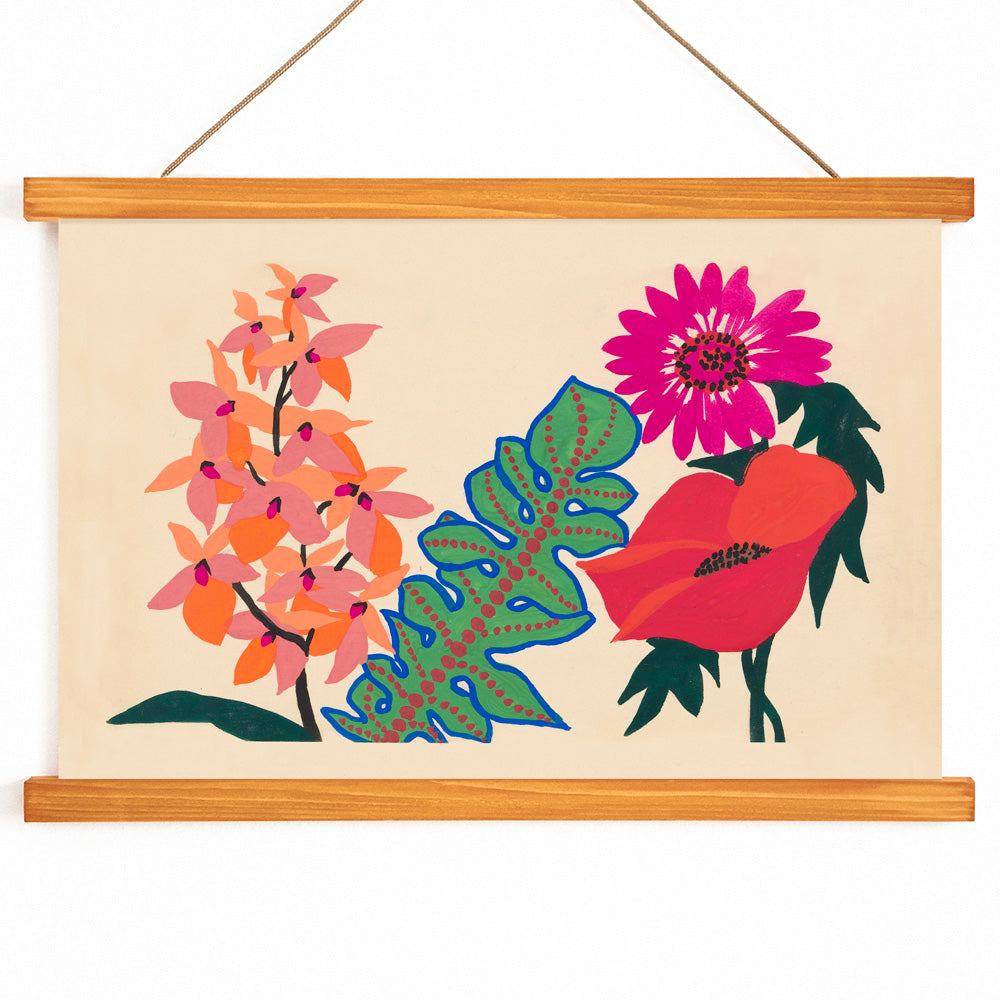 Colorful botanical illustration poster of vibrant pink flowers and green leaves from Leaves and flowers by Atelier Martine on a beige background, with wooden magnetic frame on white background