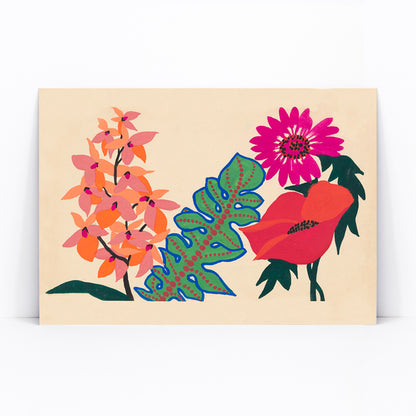 Colorful botanical illustration poster of vibrant pink flowers and green leaves from Leaves and flowers by Atelier Martine on a beige background, framed and displayed in modern living room decor