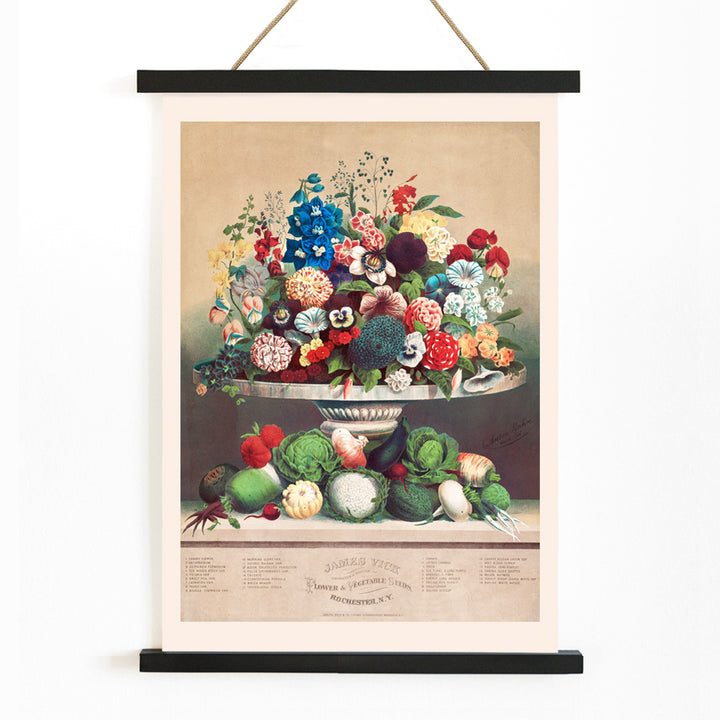 Colorful poster of flowers and vegetables in a vase by Anton Carl Rahn for wall decor, with wooden magnetic frame on white background