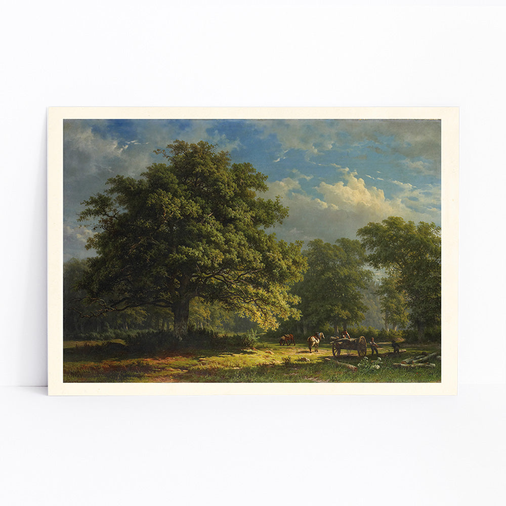 Pastoral landscape poster of The Bentheim Forest by George Andries Roth showing lush green forest large trees and people working with horses, framed and displayed in modern living room decor