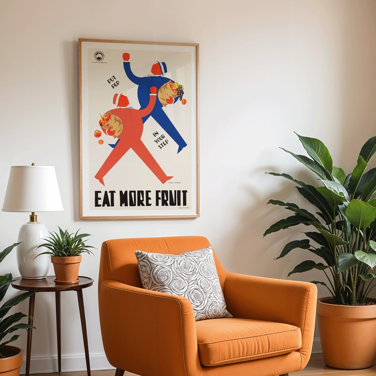 Colorful WPA Health Department illustration and poster promoting fruit consumption with stylized figures carrying baskets and the message Eat More Fruit, framed and displayed in modern living room decor