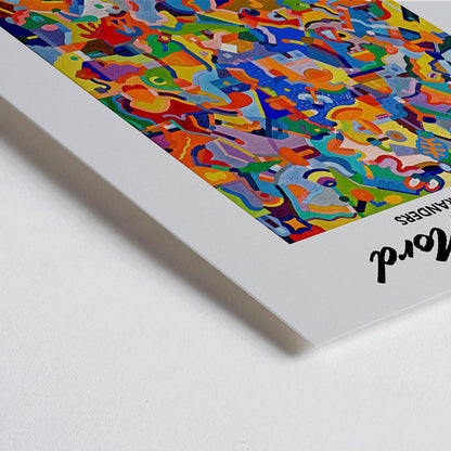 Closeup detail of Colorful abstract artwork exhibition poster by Tom Krojer titled En rejse i fremtiden gennem undervisningen at Galerie Nord featuring bold geometric shapes