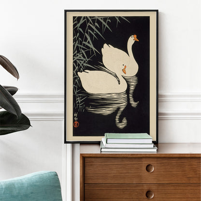 White Chinese Geese Swimming by Ohara Koson featuring two elegant white geese on water with bamboo leaves and reeds poster artwork, framed and displayed in home decor