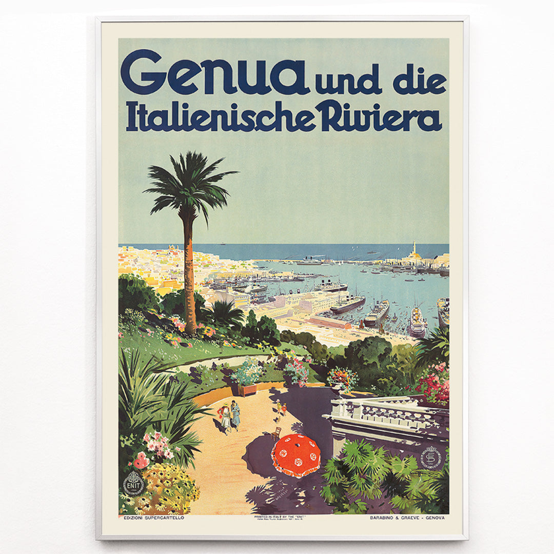 Closeup detail of Vintage travel poster of Genoa and the Italian Riviera by Aurelio Craffonara featuring scenic harbor palm trees and colorful garden