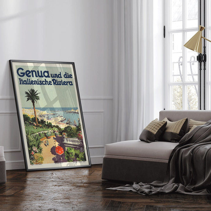 Vintage travel poster of Genoa and the Italian Riviera by Aurelio Craffonara featuring scenic harbor palm trees and colorful garden, framed and displayed in home decor
