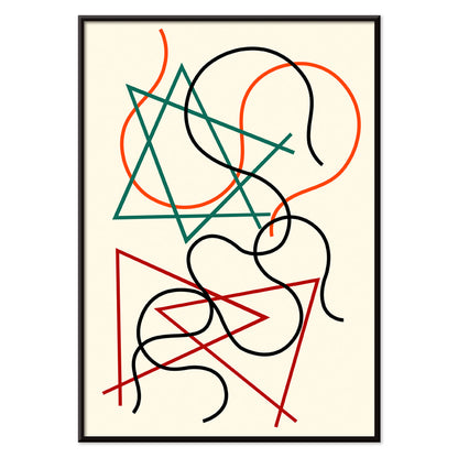 Abstract geometric and wavy lines artwork in green red orange and black by Myriam Thyes titled Lignes géométriques et ondoyantes, with black aluminium frame on white background