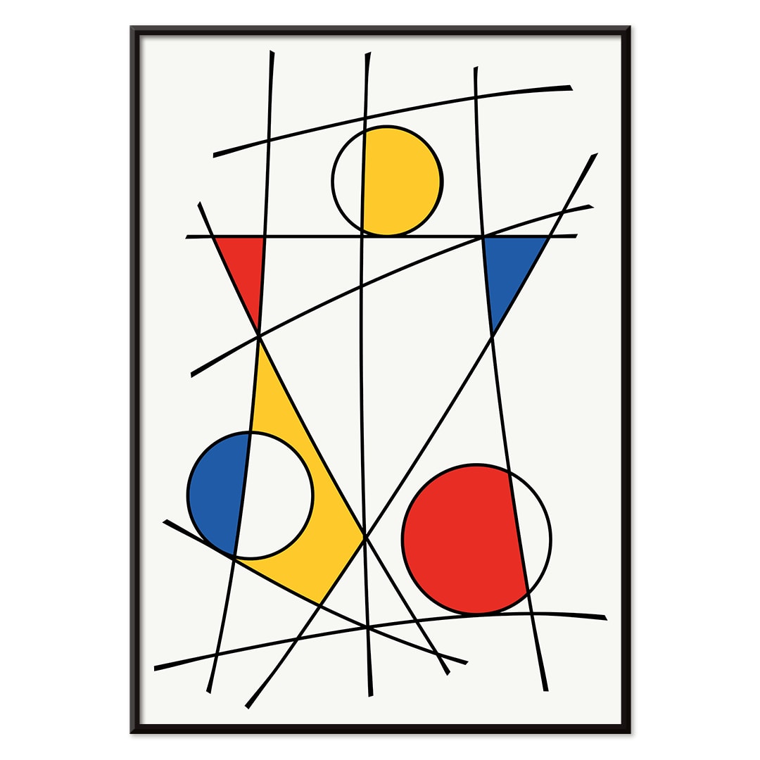 Abstract artwork by Geometric Lines and colors 3 with intersecting black lines and vibrant geometric shapes in red blue and yellow, with black aluminium frame on white background