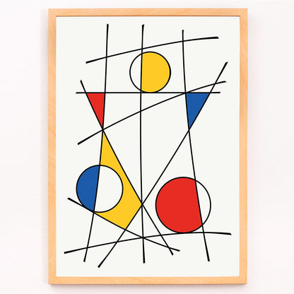 Abstract artwork by Geometric Lines and colors 3 with intersecting black lines and vibrant geometric shapes in red blue and yellow, framed and displayed in modern living room decor