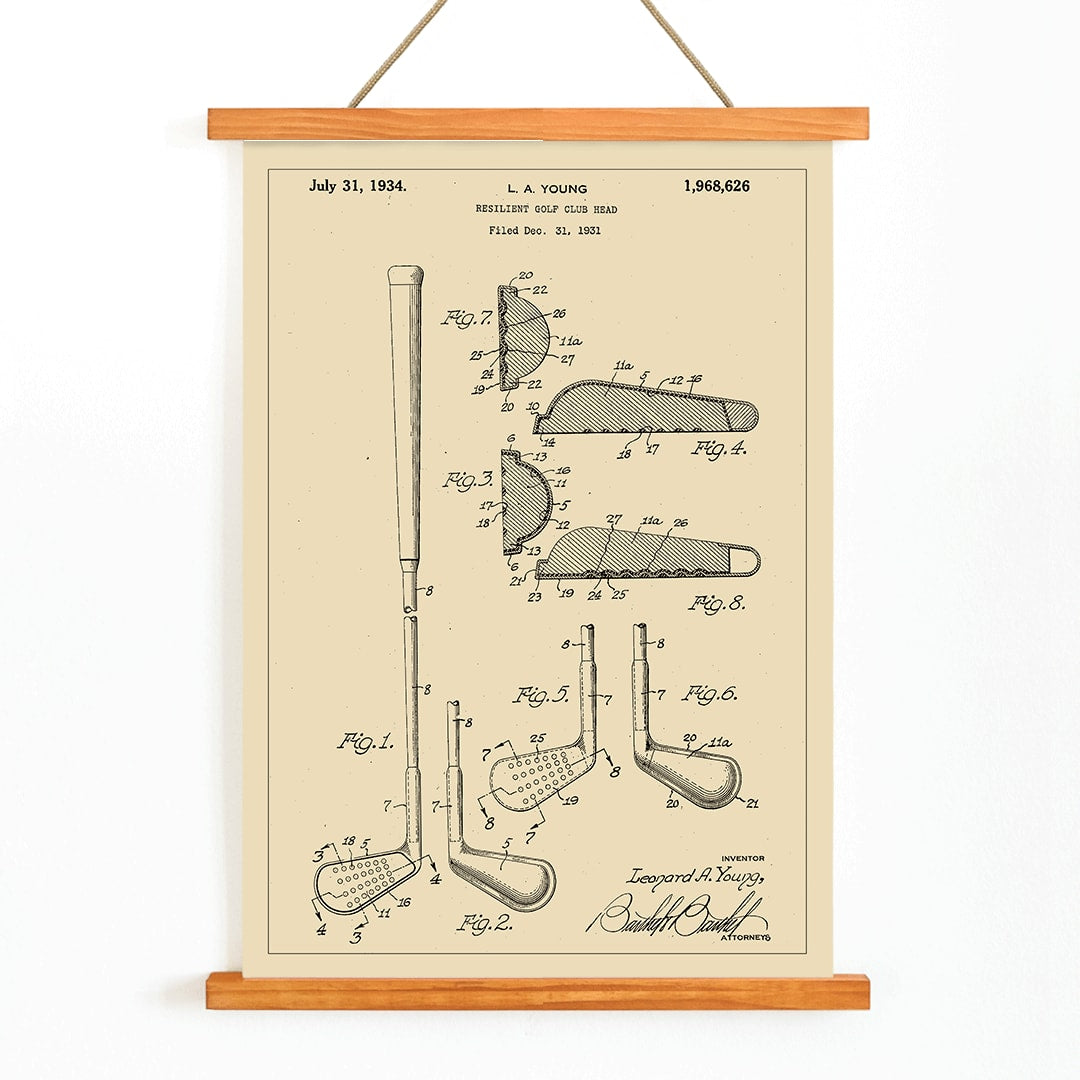 L A Young Resilient Golf Club Head Patent Illustration Design Drawings and Poster with Technical Specifications, with wooden magnetic frame on white background
