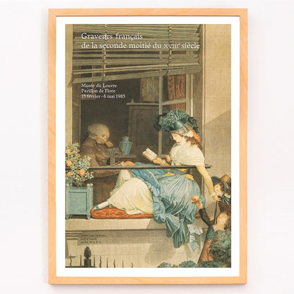 French engravers artwork of a woman reading with a child and elderly man nearby from Graveurs francais de la seconde moitie du XVIIIe siecle, framed and displayed in modern living room decor