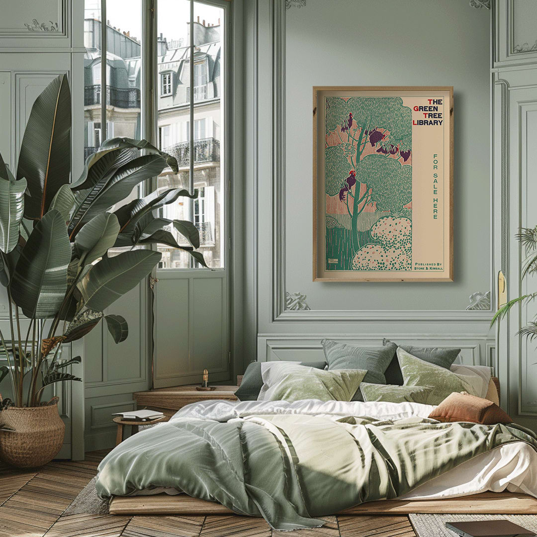 Vibrant green tree illustration and poster by Henry McCarter titled The Green Tree Library featuring green foliage decorative border and text for sale, framed and displayed in home decor