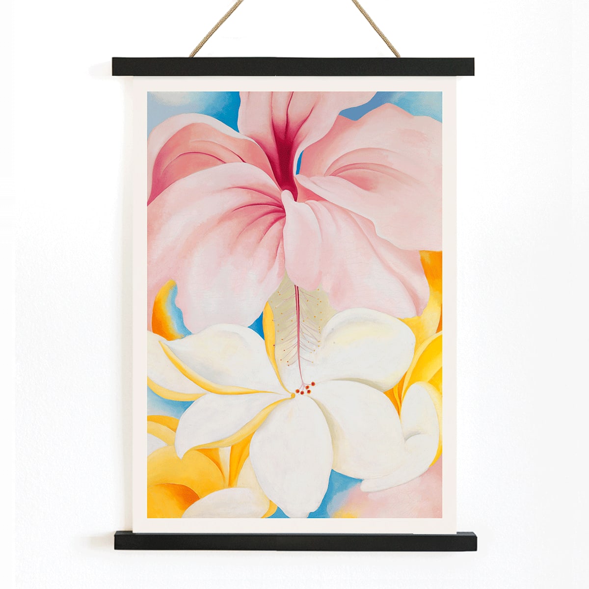 Hibiscus with Plumeria by Georgia O Keeffe vibrant pink and white flowers in a colorful composition poster, with wooden magnetic frame on white background