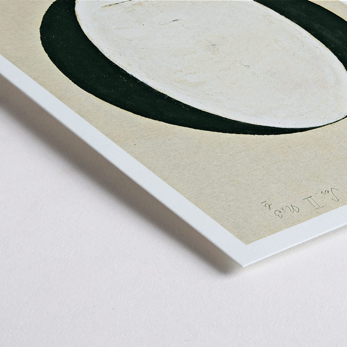 Closeup detail of Abstract geometric poster by Hilma af Klint titled Judaism and Paganism Standpoint featuring a large central oval shape