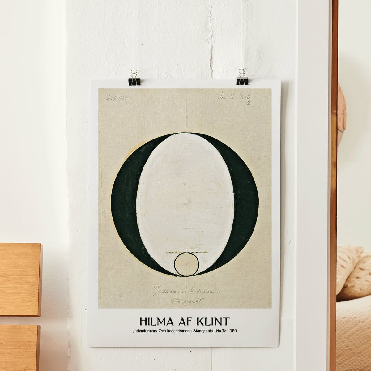 Abstract geometric poster by Hilma af Klint titled Judaism and Paganism Standpoint featuring a large central oval shape, framed and displayed in modern living room decor