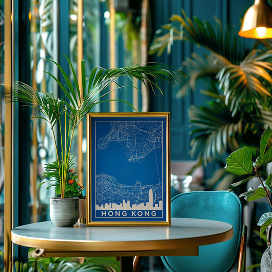 Hong Kong Minimalist Map by Artist Name blue urban blueprint wall art poster featuring city skyline and street layout, framed and displayed in home decor