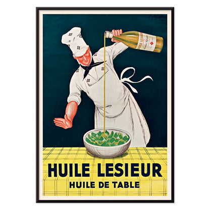 Chef pouring oil into salad Huile Lesieur poster by Leonetto Cappiello, with black aluminium frame on white background