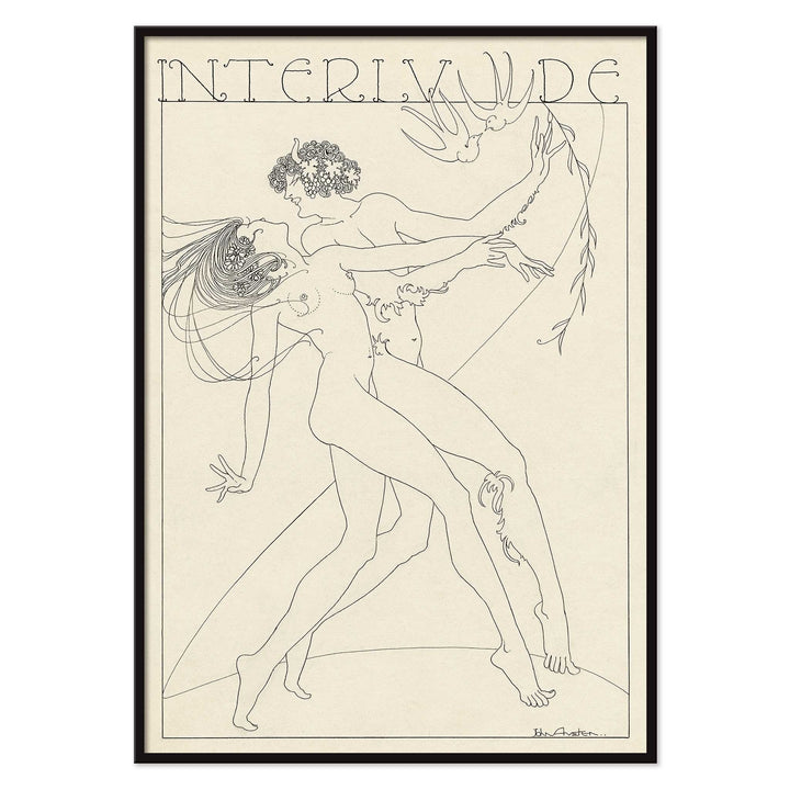 John Austen Interlude poster featuring two elegant intertwined figures in fine black line art on a warm cream background, with black aluminium frame on white background