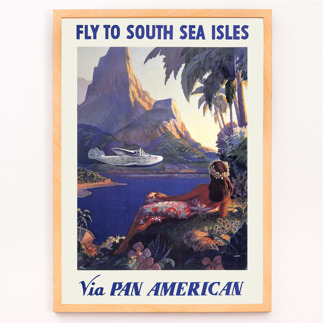 Closeup detail of Vintage travel poster of a woman in a floral dress on a tropical island with a Pan American seaplane by Paul George Lawler
