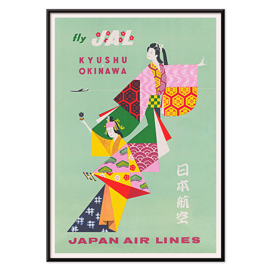 Colorful Japan Air Lines poster Kyushu Okinawa by Anonymous featuring traditional Japanese figures promoting air travel, with black aluminium frame on white background