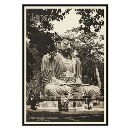 Japan travel poster by Japanese Government Railways showing the Great Buddha in Kamakura with people near the large statue, with black aluminium frame on white background