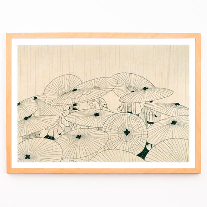 Closeup detail of Minimal Japanese art poster of people holding traditional umbrellas in the rain from Osen Umbrellas by Komura Settai