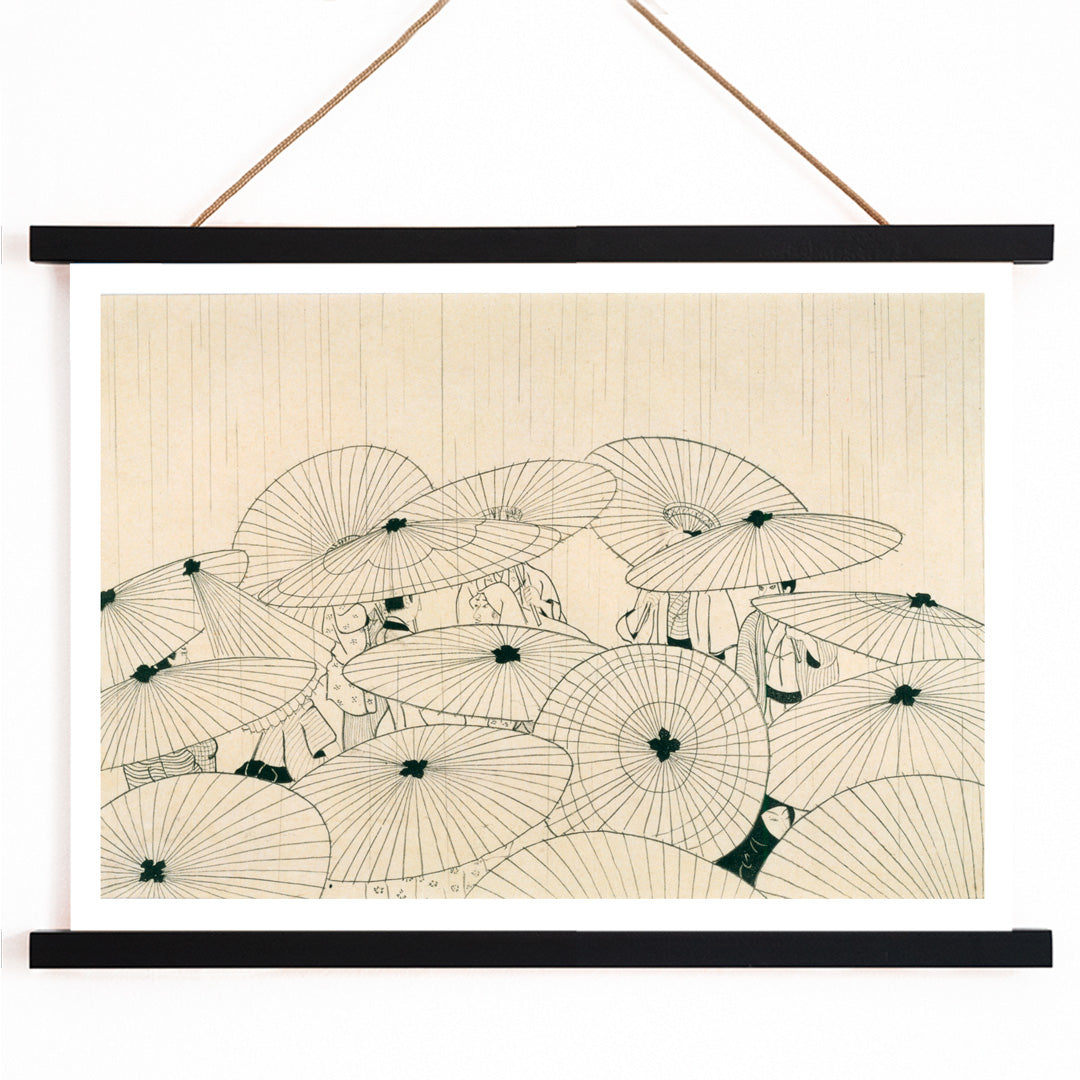 Minimal Japanese art poster of people holding traditional umbrellas in the rain from Osen Umbrellas by Komura Settai, with wooden magnetic frame on white background