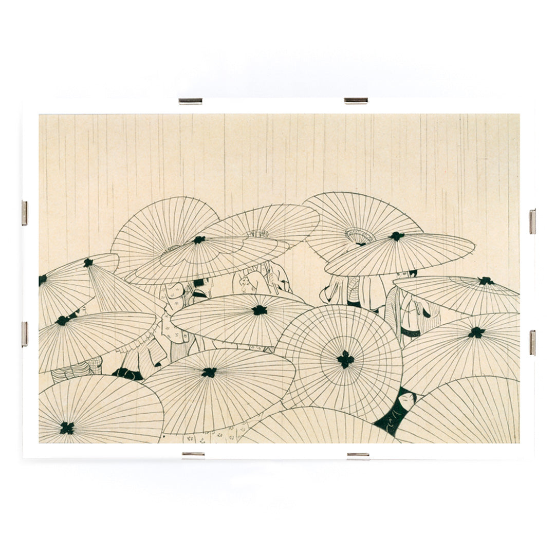 Minimal Japanese art poster of people holding traditional umbrellas in the rain from Osen Umbrellas by Komura Settai, framed and displayed in modern living room decor