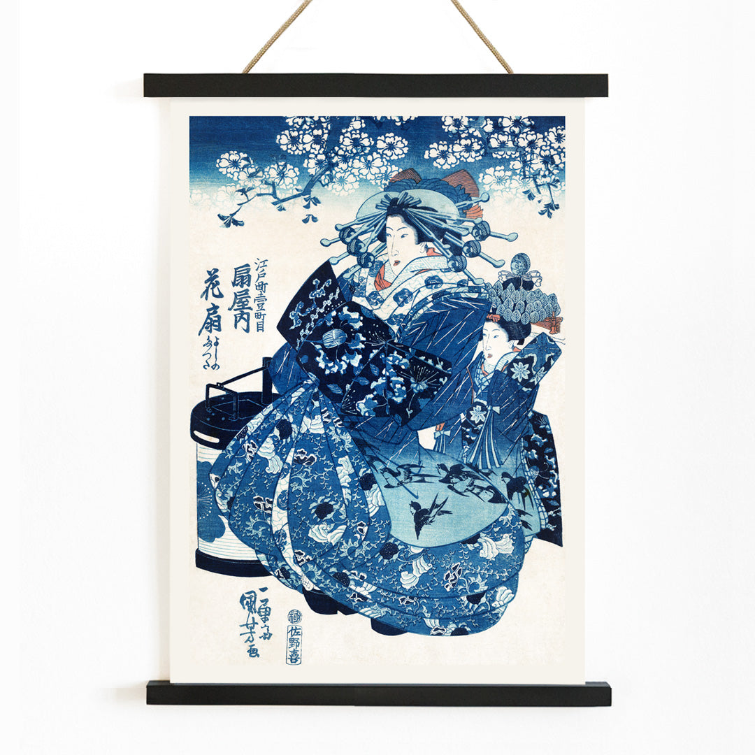 Japanese women in traditional kimono with floral patterns and blossom trees ukiyo-e style artwork by Utagawa Kuniyoshi, with wooden magnetic frame on white background