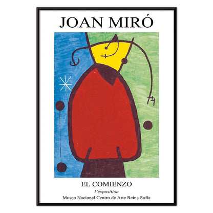 Exhibition poster of El Comienzo by Joan Miro with colorful abstract shapes and vibrant colors in a framed display, with black aluminium frame on white background