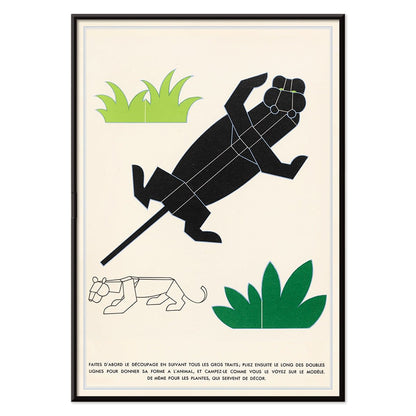 Geometric animal illustrations and poster with plants and geometric shapes forming jungle animals in La Jungle chez moi Pl 04 by Turenne Chevallereau, with black aluminium frame on white background