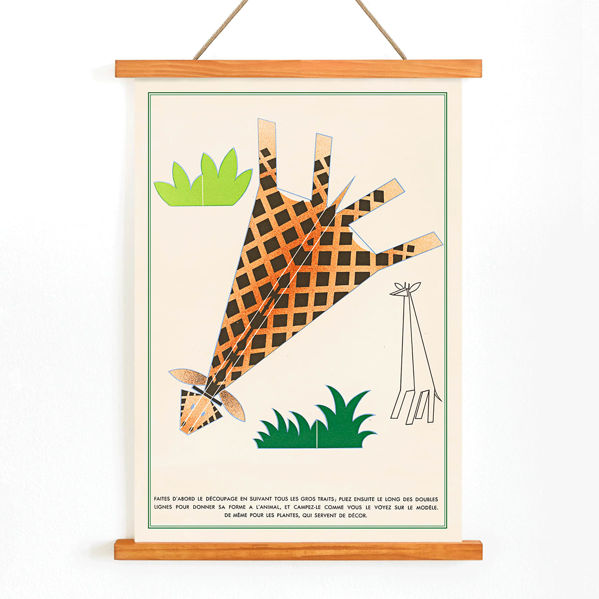 Abstract giraffe artwork with green leaves by Turenne Chevallereau titled La Jungle chez moi Pl.05 poster, with wooden magnetic frame on white background