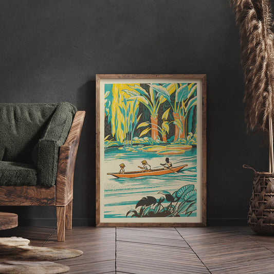 Three people canoeing through lush jungle foliage on a river vibrant greenery A Jungle Picnic Pl by Clifford Webb poster, framed and displayed in home decor