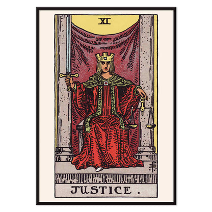Pamela Colman Smith Justice tarot poster crowned figure in red robes with scales and sword, with black aluminium frame on white background
