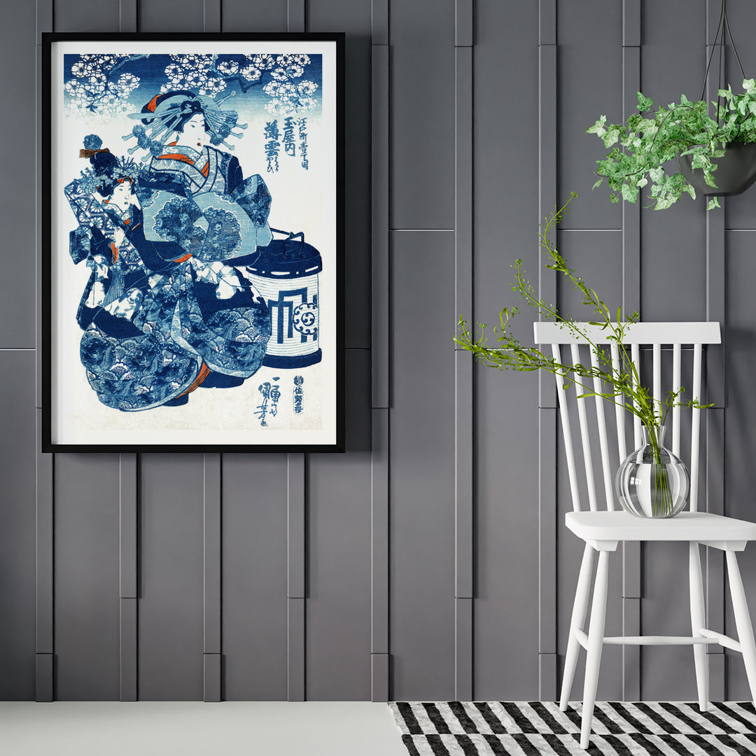 Japanese woman in traditional kimono with fan under cherry blossoms vintage ukiyo-e artwork by Utagawa Kuniyoshi, framed and displayed in home decor