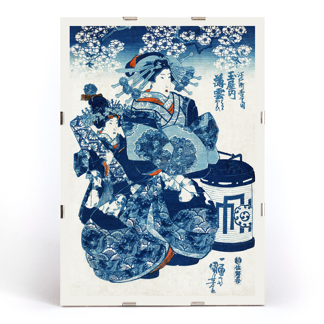 Japanese woman in traditional kimono with fan under cherry blossoms vintage ukiyo-e artwork by Utagawa Kuniyoshi, framed and displayed in modern living room decor