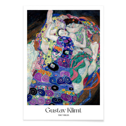 Colorful abstract poster of The Virgin by Gustav Klimt featuring intertwined women in vibrant patterned fabrics and floral designs, with black aluminium frame on white background