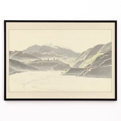 Closeup detail of Landscape of Cittaducale with hills mountains and distant town by Josephus Augustus Knip poster titled View of Cittaducale