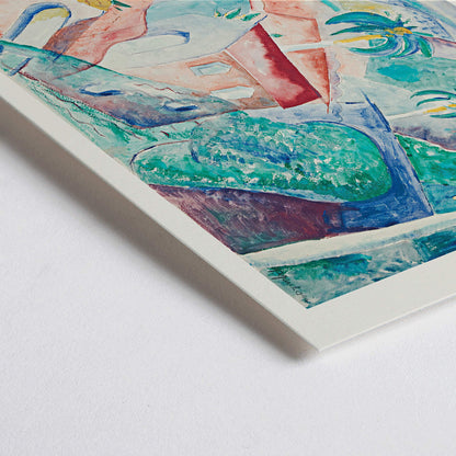 Closeup detail of Colorful abstract Cuban landscape painting by Paul Gaulois featuring palm trees and vibrant houses in a tropical scenic setting poster