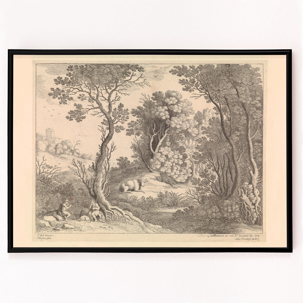 Closeup detail of Mercury playing the flute in a detailed forest landscape with trees animals and natural scenery by Willem van Nieulandt poster