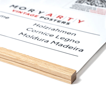 Light oak magnetic wood frame holding a poster, with natural wood bars and a hanging rope, displayed on a wall for a modern, elegant look, front corner closeup picture