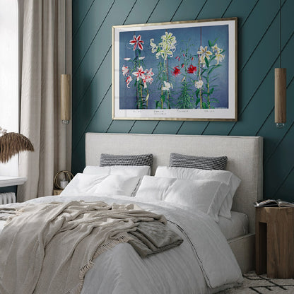 Colorful lilies on blue background hand-colored collotype and vibrant lily poster by Kazumasa Ogawa from Some Japanese Flowers, framed and displayed in modern living room decor