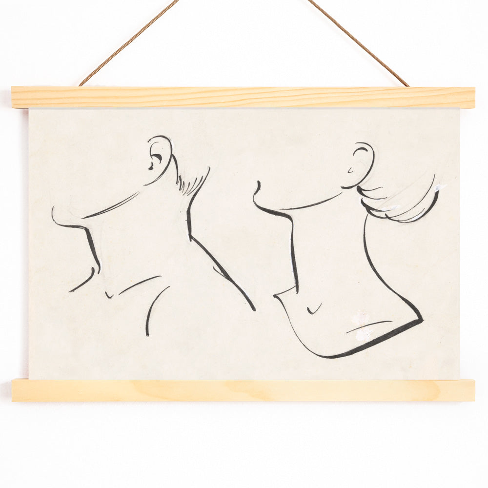 Minimalist ink drawing and line art poster of man and woman necks by Hans Borrebach, with wooden magnetic frame on white background