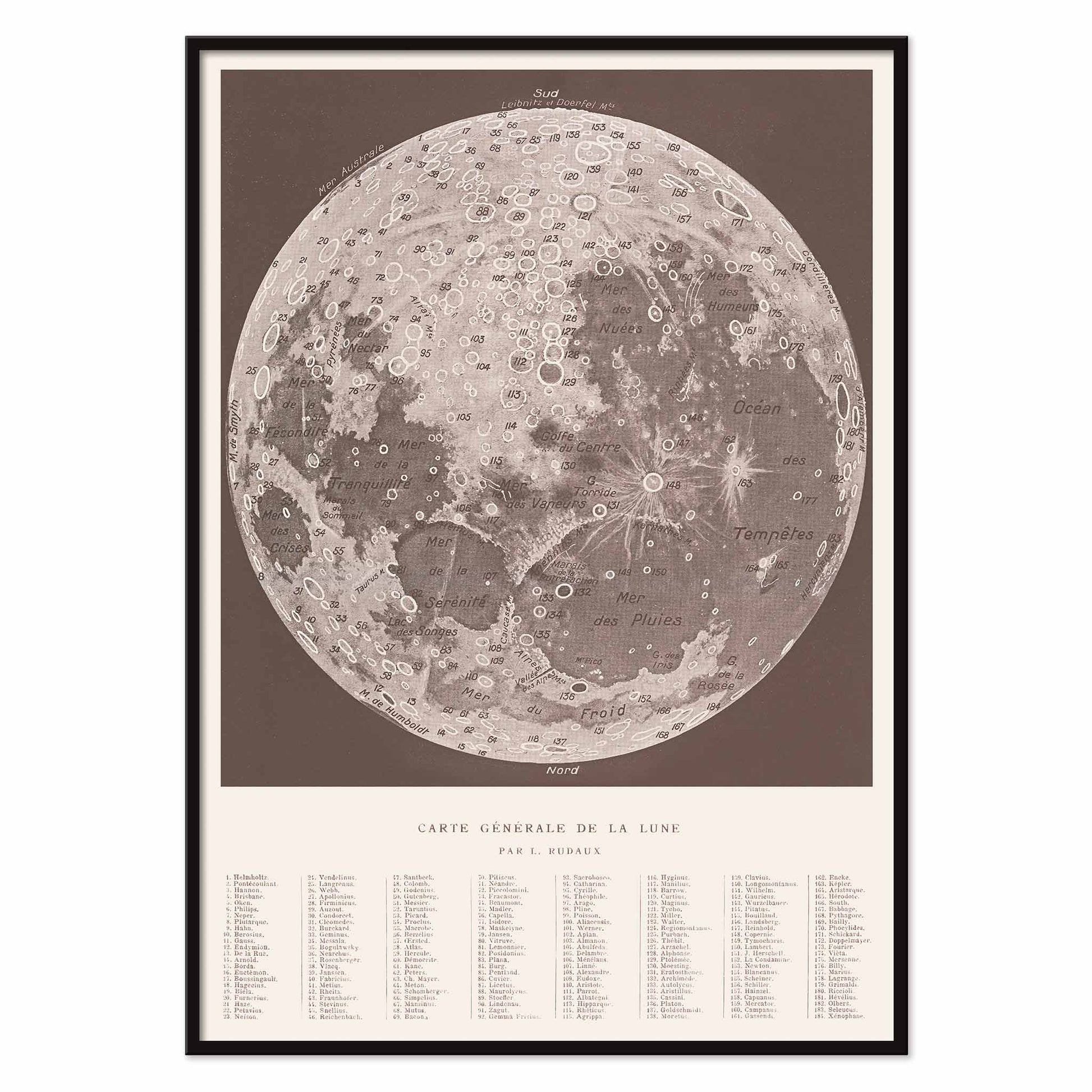 Lucien Rudaux General Map of the Moon poster with labeled lunar globe and craters in vintage monochrome scientific style, with black aluminium frame on white background