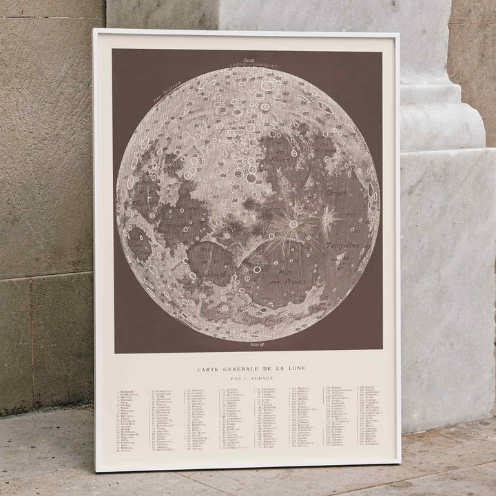 Lucien Rudaux General Map of the Moon poster with labeled lunar globe and craters in vintage monochrome scientific style, framed and displayed in home decor