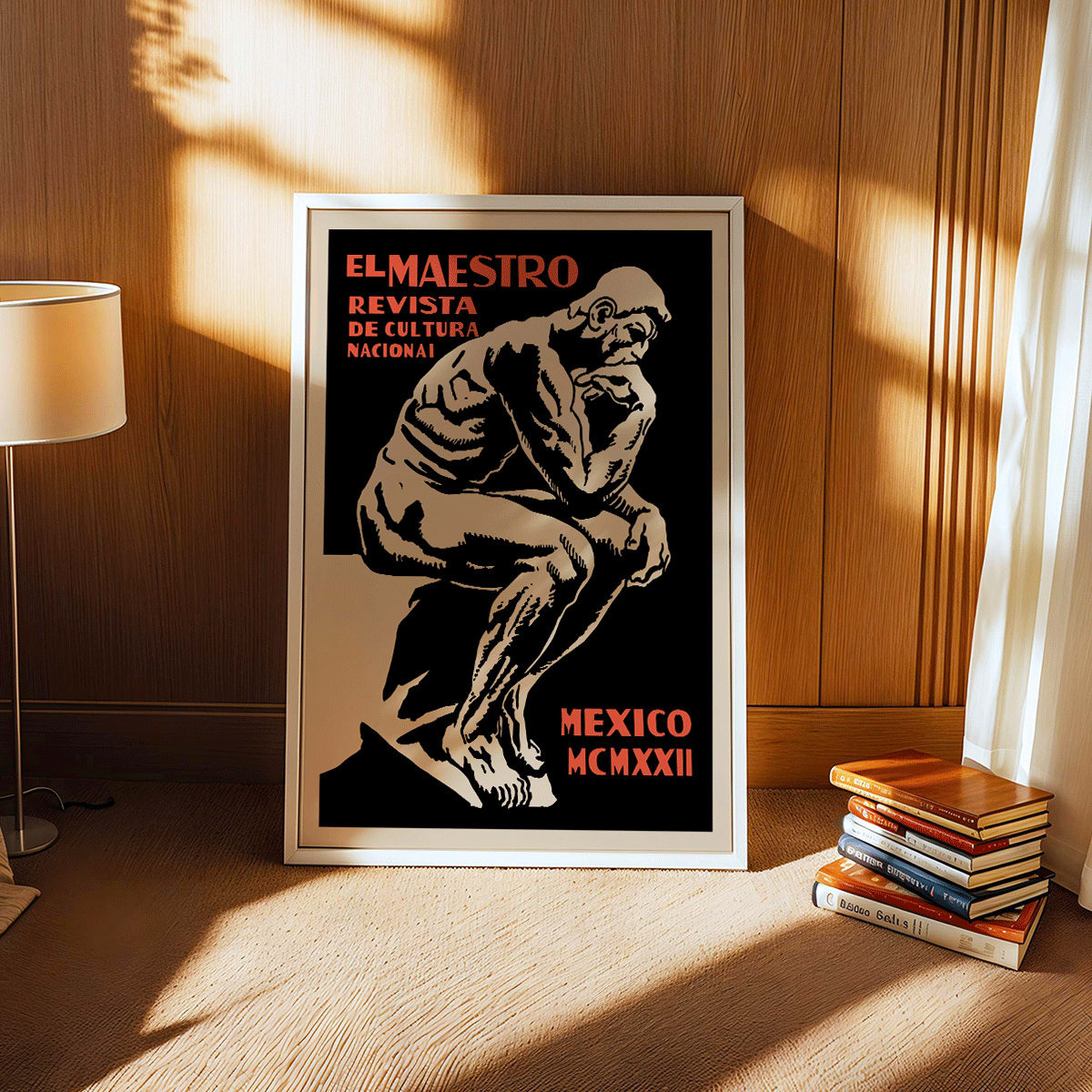 El Maestro Revista de Cultura Nacional Magazine cover and poster featuring a bold graphic thinker statue artwork, framed and displayed in home decor
