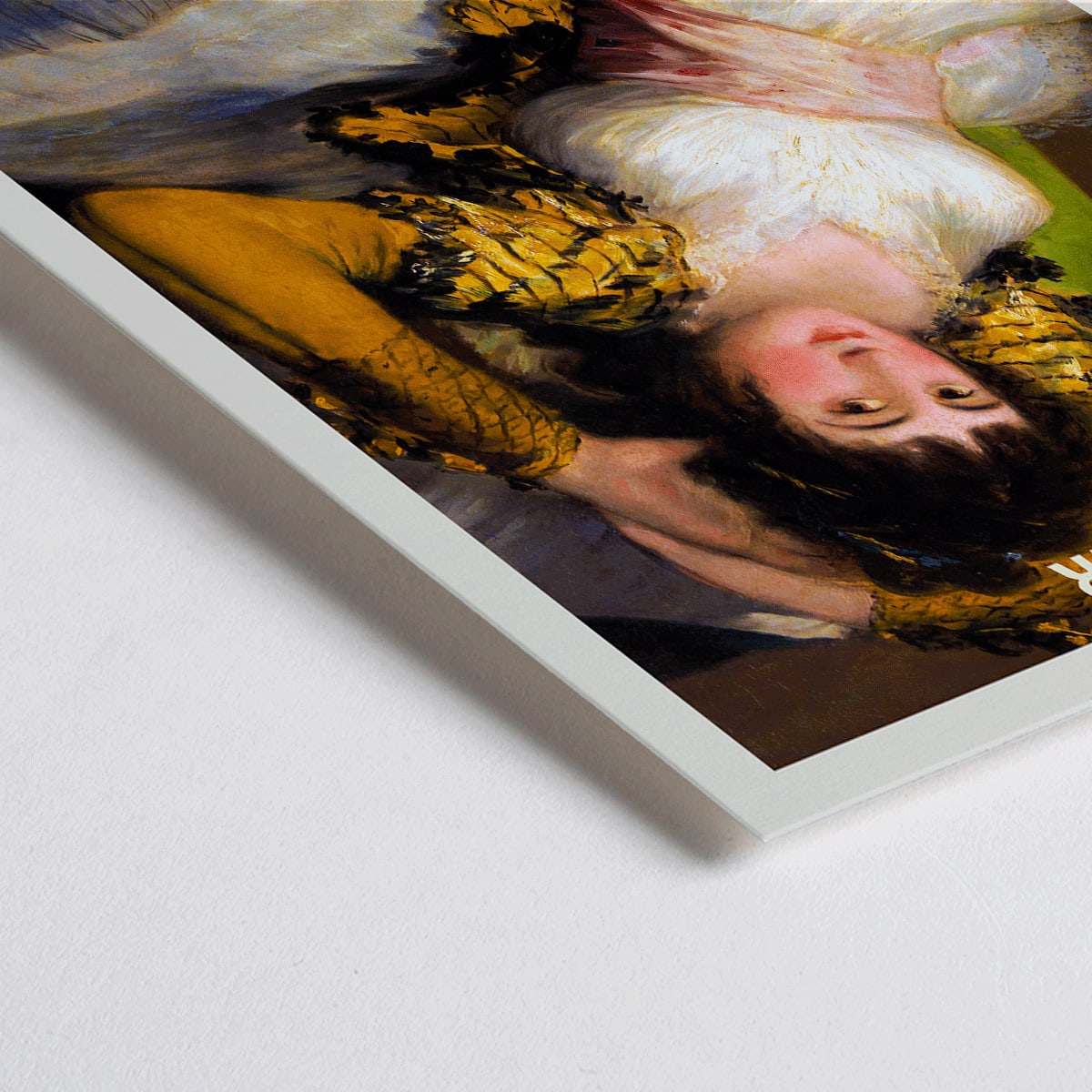 Closeup detail of The Clothed Maja exhibition poster by Francisco Goya at Fondation Beyeler showing a reclining woman in a white and gold dress with yellow sleeves