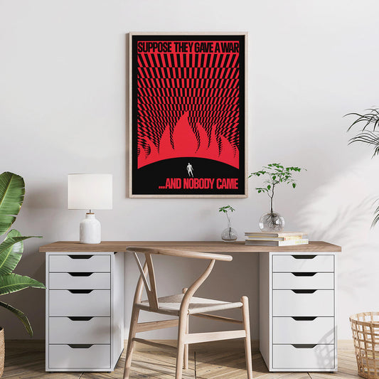 Man on hill facing flames poster by Gary Yanker titled Suppose They Gave a War and Nobody Came Prop art New York, framed and displayed in home decor